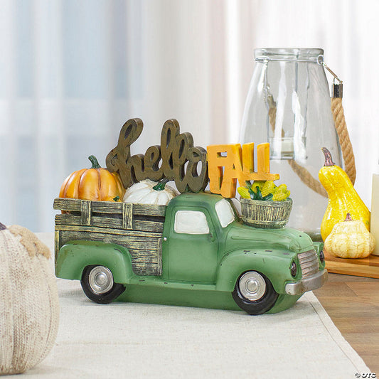 1 Piece(s): 11.25" Green Truck "Hello Fall" Autumn Harvest Pumpkin Tabletop Decoration | USA Decoration®