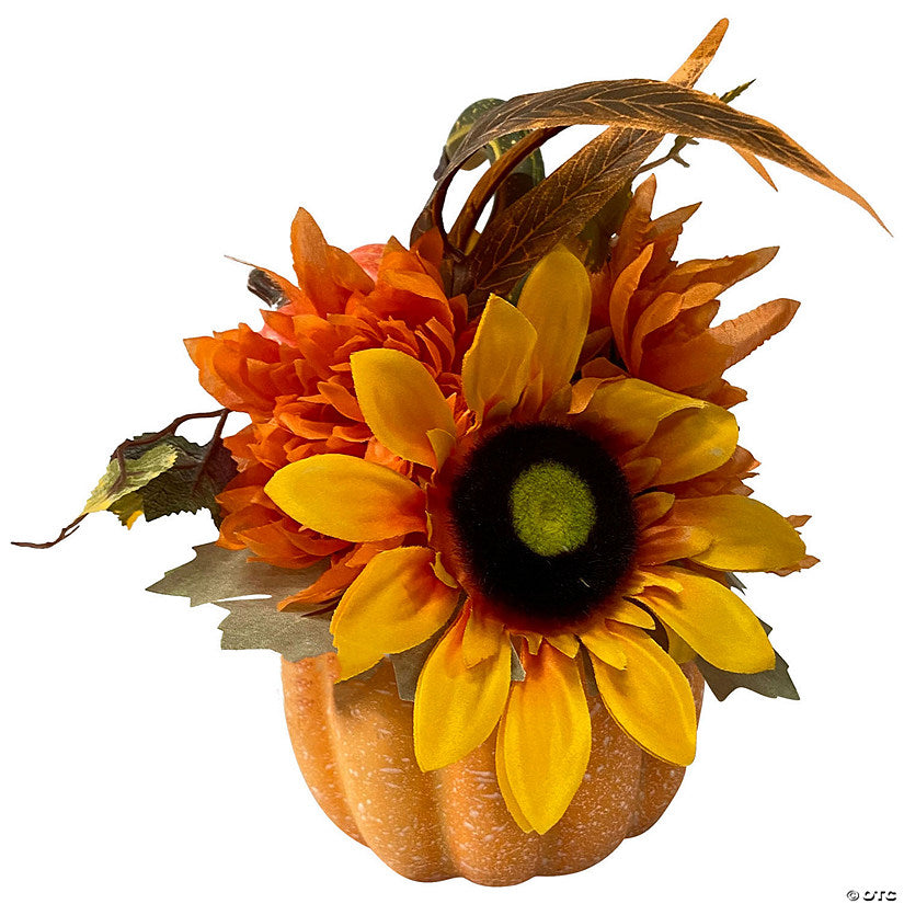 1 Piece(s): 14.75" Yellow Sunflower and Mum Filled Pumpkin Thanksgiving Decor | USA Decoration®