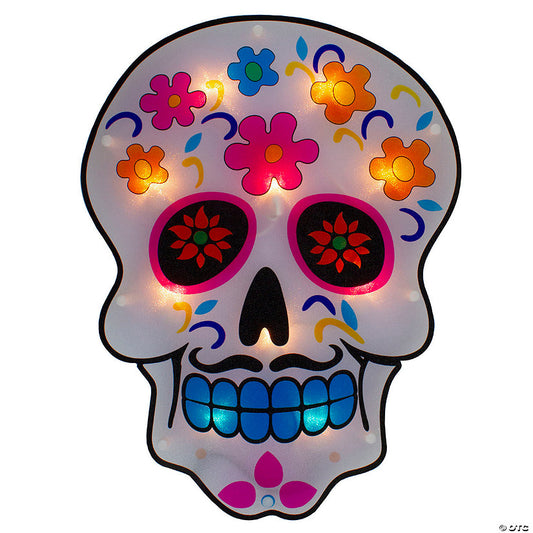 15" Lighted Day of the Dead Sugar Skull Halloween Window Silhouette Decor | USA Decoration®
