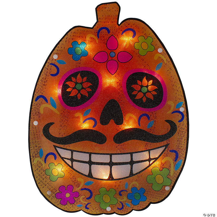 15" Lighted Sugar Skull Pumpkin Halloween Window Silhouette | USA Decoration®