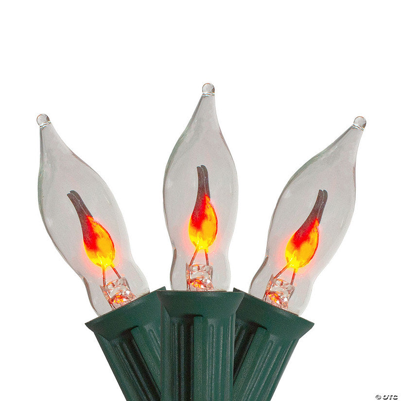 Set of 10 Flickering Amber Flame C7 Halloween Lights - 9' Green Wire | USA Decoration®