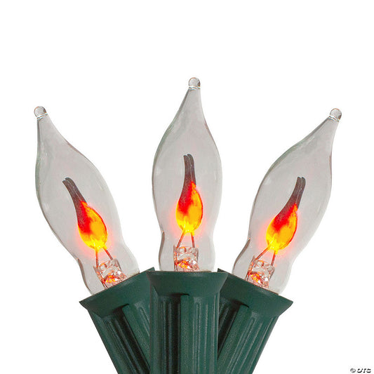 Set of 10 Flickering Amber Flame C7 Halloween Lights - 9' Green Wire | USA Decoration®