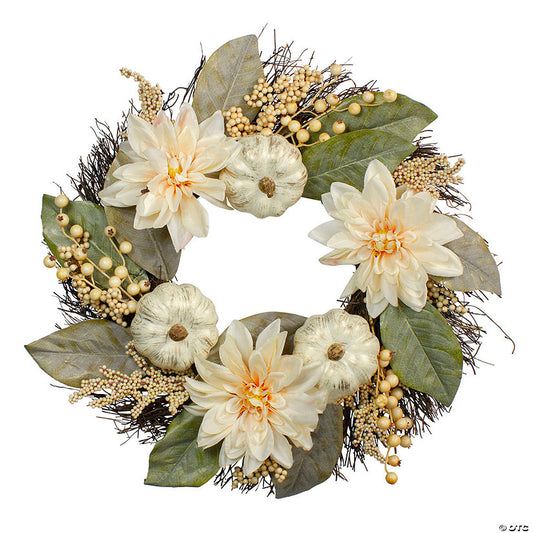 1 Piece(s): Dahlia and Pumpkin Fall Artificial Floral Wreath 22-Inch | USA Decoration®