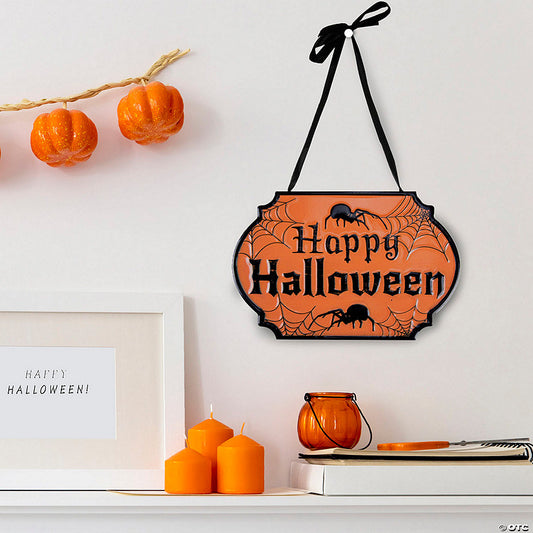 10" Orange and Black "Happy Halloween" Cauldron Pot Metal Wall Sign | USA Decoration®