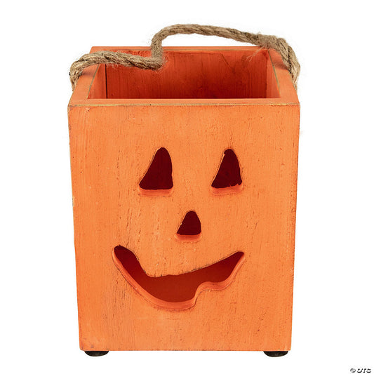 1 Piece(s): 6.25" Small Orange Wood Jack O Lantern Halloween Candle Lantern | USA Decoration®