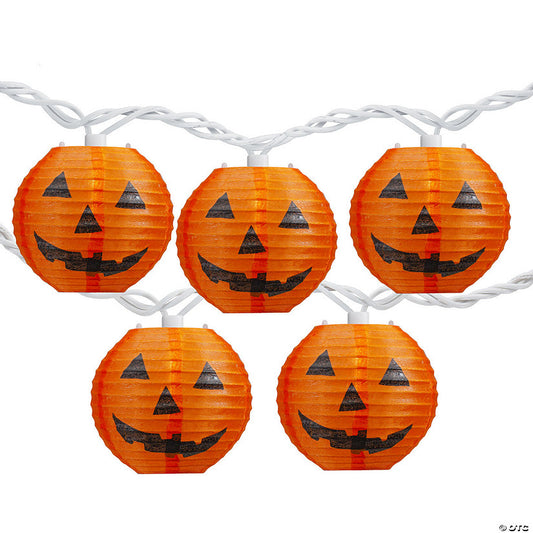 1 Piece(s): 10-Count Orange Jack-O-Lantern Paper Lantern Halloween Lights 8.5ft White Wire | USA Decoration®