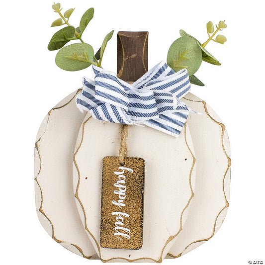 1 Piece(s): 9" Beige Happy Fall Wooden Pumpkin Fall Harvest Decoration | USA Decoration®