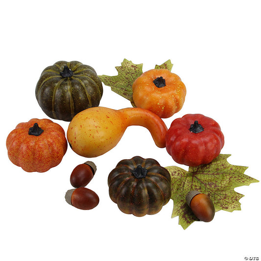 1 Set(s): Set of 10 Autumn Harvest Artificial Pumpkin, Gourd, Acorn and Leaf Decoration Set | USA Decoration®