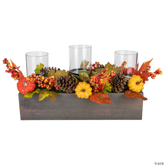 1 Piece(s): 27" Pumpkin Berry and Pine Cone Fall Harvest Triple Pillar Candle Holder | USA Decoration®