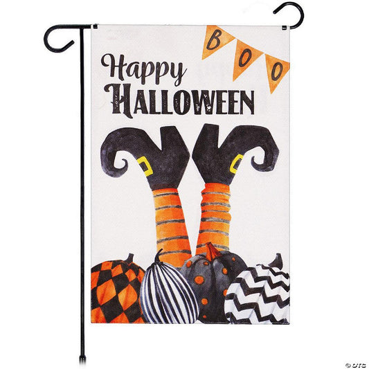 1 Piece(s): G128 12x18IN Happy Halloween Witch Feet Pumpkins Burlap Garden Flag | USA Decoration®
