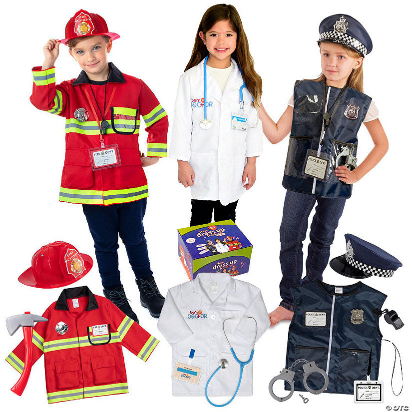 1 Set(s): Born Toys Premium 16pcs Costume Dress up Set for Kids Ages 3-7 Fireman, Police Costume, and Doctor | USA Decoration®