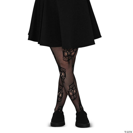 Skeleteen Black Fishnet Skull Tights - Gothic Day of the Dead Halloween Fish Net Pantyhose with Ripped Skeleton Sugar Skulls Stockings | USA Decoration®