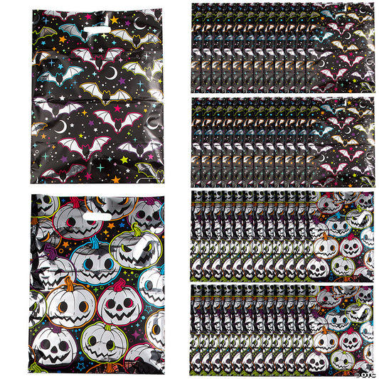 Bulk 50 Pc. Neon Metallic Bats or Pumpkins Plastic Trick-or-Treat Bags halloween