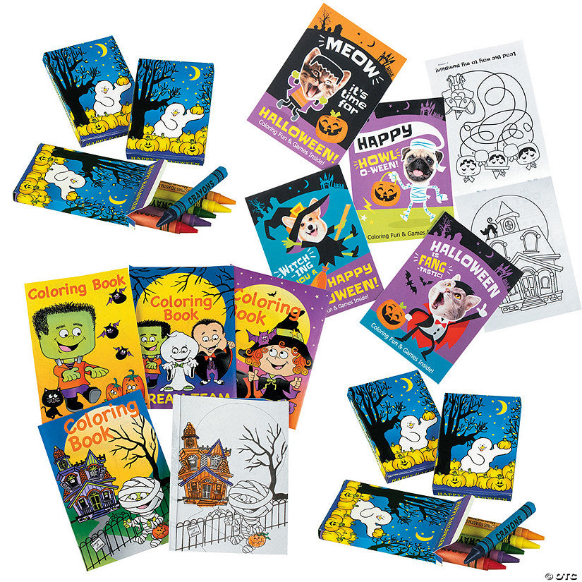 288 Piece(s): 5" x 7" Bulk Halloween Coloring Books & 6-Color Crayon Boxes Kit for 144 | USA Decoration®