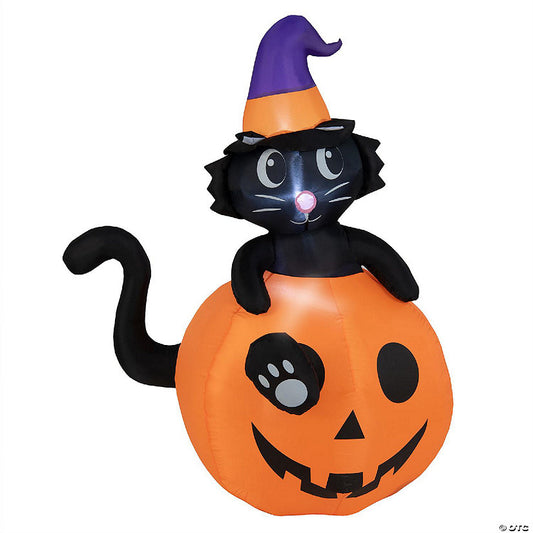 Costway 5 FT Tall Halloween Inflatable Décor Black Cat Sitting in Pumpkin w/ LED Lights | USA Decoration®