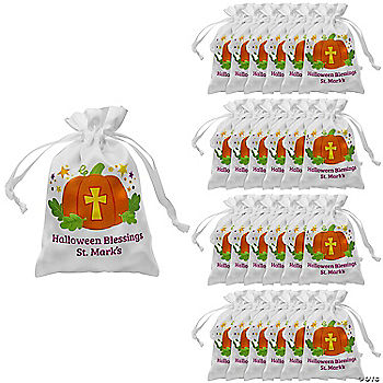 4" x 6" Personalized Mini Halloween Christian Pumpkin Satin Drawstring Bags - 24 Pc. halloween
