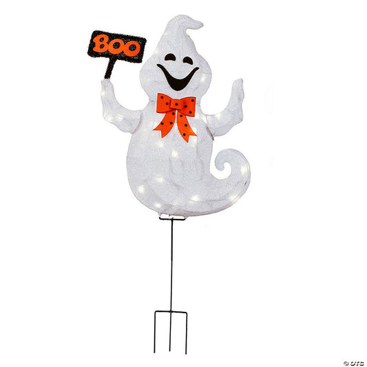 National Tree Company 31 in. Pre-Lit Ghost with BOO Banner Garden Stake | USA Decoration®