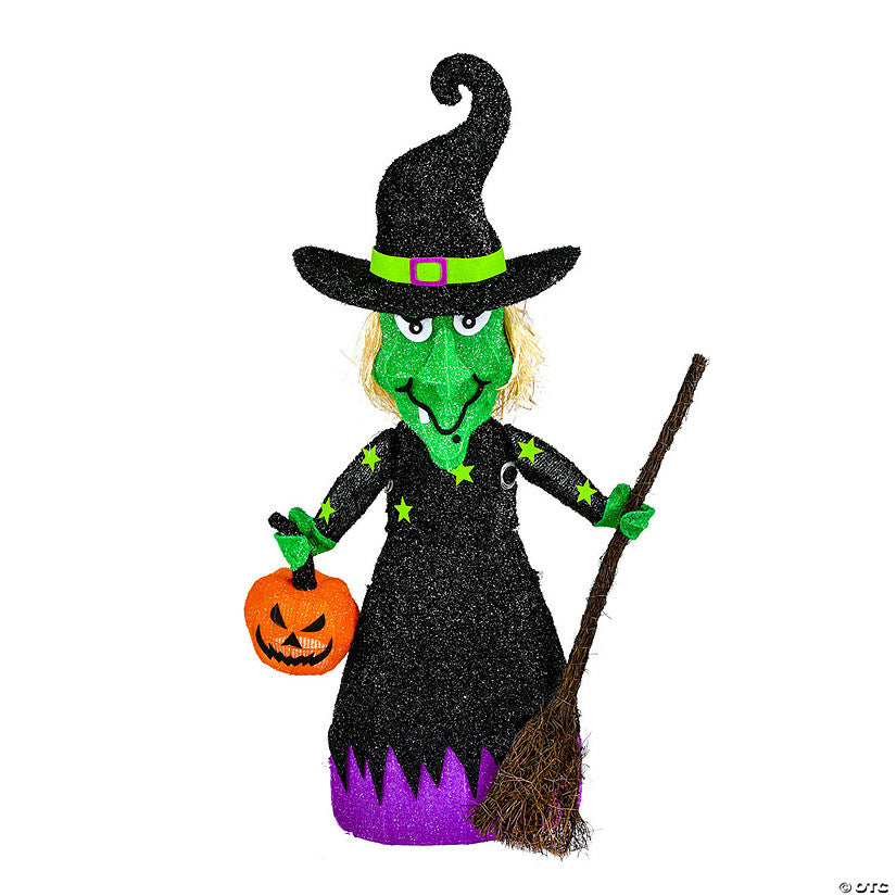 National Tree Company 39 in. Pre-Lit Green Witch with Broom | USA Decoration®