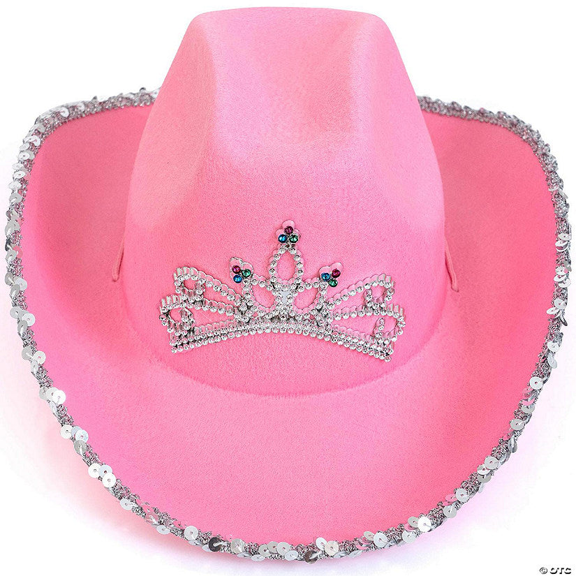 Skeleteen Pink Cowboy Hat - Pink Sequin Cowgirl Princess Hat with Crown Tiara Design | USA Decoration®