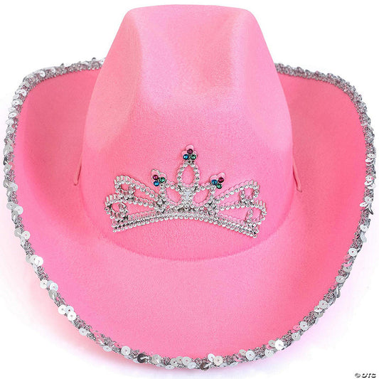 Skeleteen Pink Cowboy Hat - Pink Sequin Cowgirl Princess Hat with Crown Tiara Design | USA Decoration®