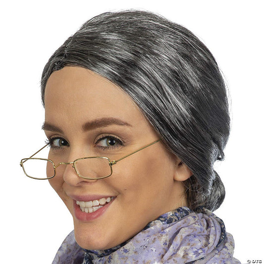Skeleteen Old Lady Costume Set - Grey Granny Wig and Fake Gold Rectangle Eyeglasses Grandma Set for Women and Girls | USA Decoration®