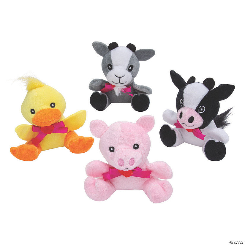4" Mini Valentine's Day Stuffed Farm Animals with Heart Bow – 12 Pc. | USA Decoration®