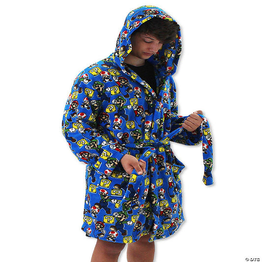 Super Mario Brothers Luigi Toad Adult Plush Hooded Fleece Bathrobe Robe (Small/Medium, Blue) | USA Decoration®