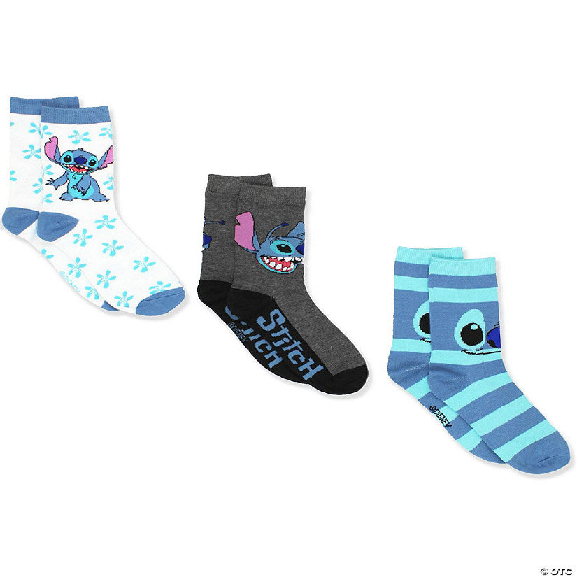 Lilo Stitch Women's 3 pack Crew Socks (Large (9-11), Stitch White/Blue) | USA Decoration®