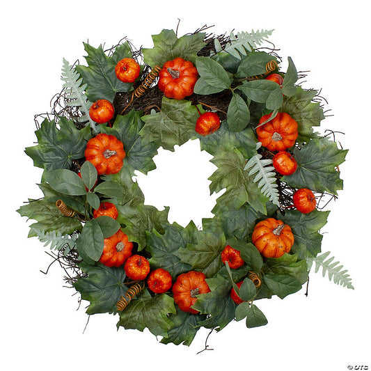 1 Piece(s): Northlight Maple and Fern Leaves with Pumpkins Artificial Wreath Orange 24-Inch | USA Decoration®