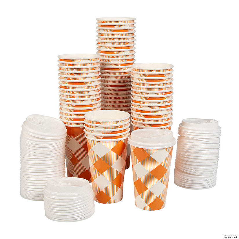 Bulk 60 Ct. Orange Buffalo Plaid Paper Coffee Cups with Lids | USA Decoration®