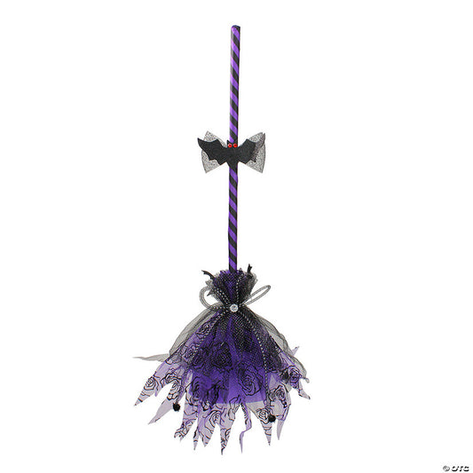 29" Purple and Black Striped Animated Witches Halloween Broom with Bat Accents | USA Decoration®