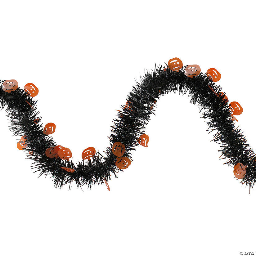 1 Set(s): 50' Black with Orange Jack O Lanterns Halloween Tinsel Garland - Unlit | USA Decoration®