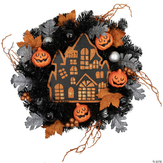 1 Set(s): Orange and Black Haunted House Halloween Wreath 24-Inch Unlit | USA Decoration®
