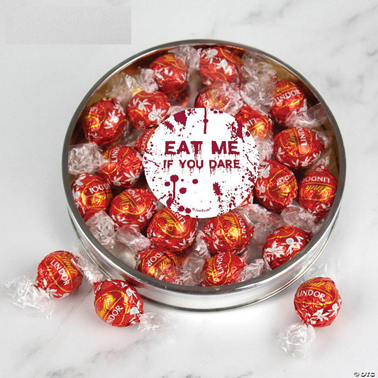 Halloween Candy Gift Tin with Chocolate Lindor Truffles by Lindt Large Plastic Tin with Sticker By Just Candy - Red | USA Decoration®