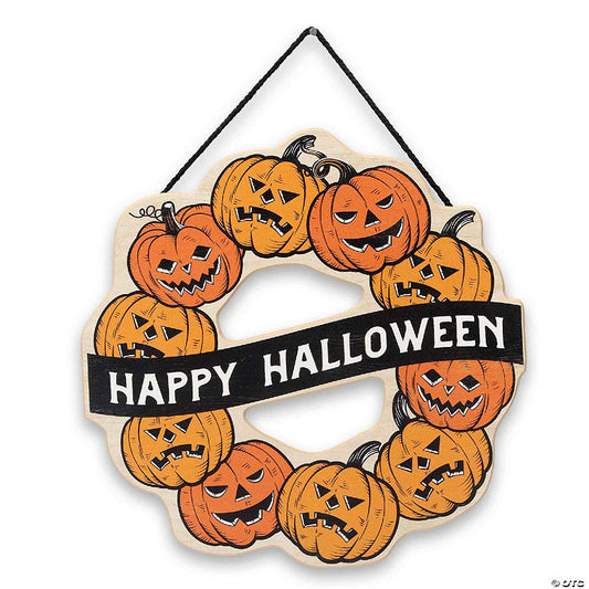 Open Road Brands 11x11 Happy Halloween Jack-O-Lantern Wreath Hanging Wood Wall Decor | USA Decoration®