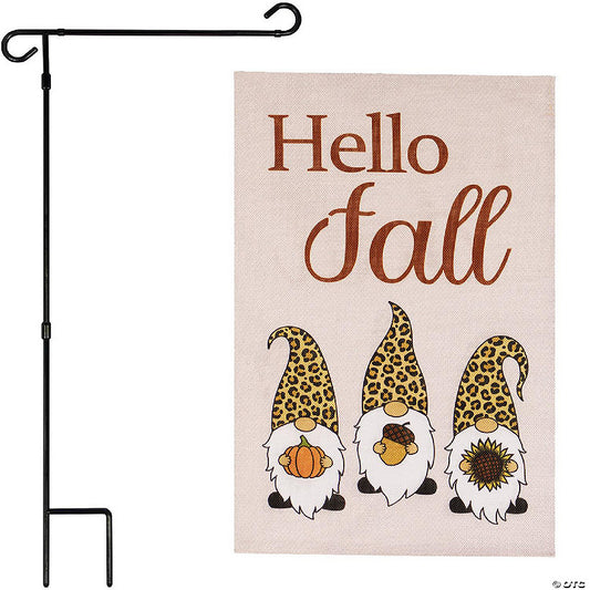 1 Set(s): G128 Combo 36x16in Garden Flag Stand & 12x18in Hello Fall Decoration Three Gnomes with Pumpkin Acorn Sunflower Double-Sided Burlap Fabric Garden Flag | USA Decoration®