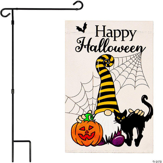 1 Set(s): G128 Combo 36x16in Garden Flag Stand & 12x18in Happy Halloween Decoration Gnome with Pumpkin and Black Cat Double-Sided Blockout Fabric Garden Flag | USA Decoration®