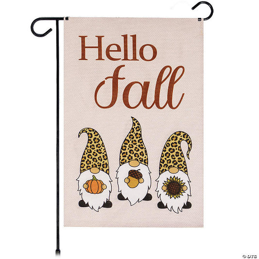 1 Piece(s): G128 12"x18" Burlap Fabric Fall Three Gnomes Pumpkin Acorn Sunflower Garden Flag | USA Decoration®