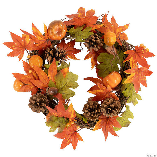 1 Piece(s): Orange Foliage with Pine Cones and Pumpkins Autumn Harvest Wreath 10-Inch Unlit | USA Decoration®