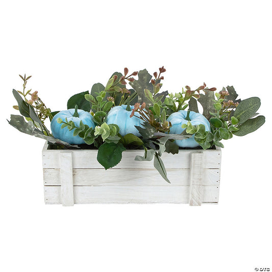 1 Piece(s): 18" Fall Harvest Foliage and Blue Pumpkins In Wood Planter | USA Decoration®