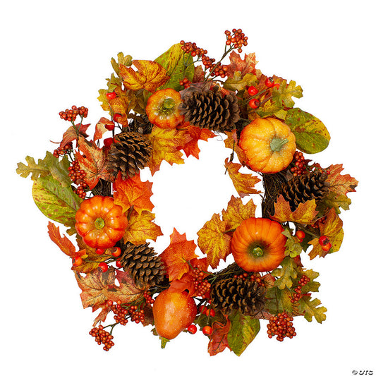1 Piece(s): Orange Pumpkins Pine Cones and Berries Fall Harvest Wreath - 24 inch Unlit | USA Decoration®