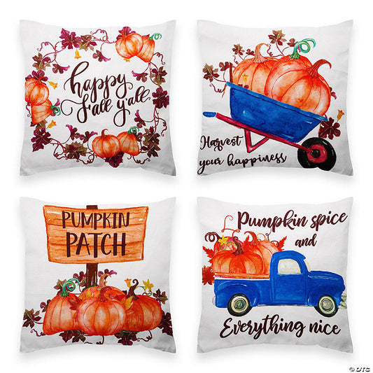 1 Set(s): G128 18 x 18 In Fall Pumpkin Wagon Tractor Waterproof Pillow Covers, Set of 4 | USA Decoration®