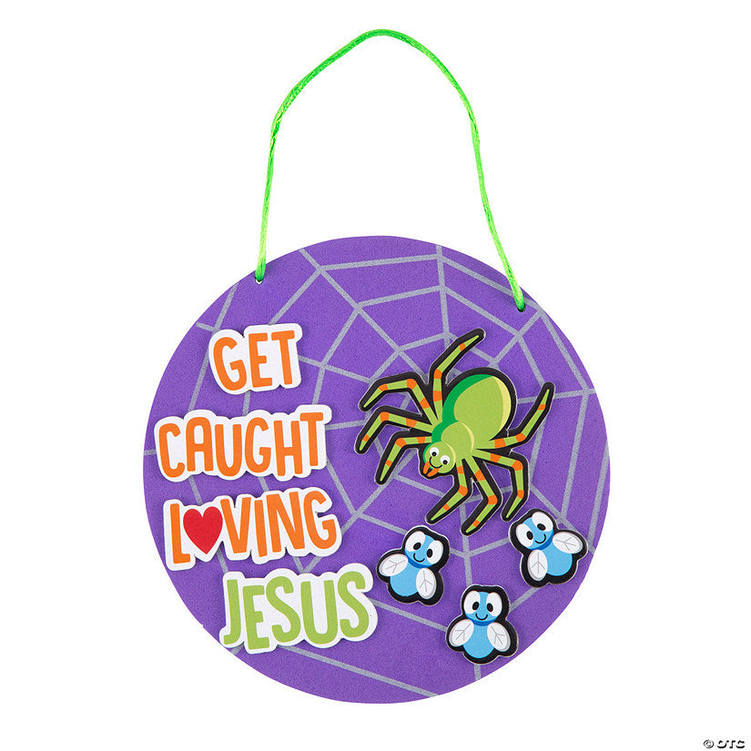 Makes 12: 6 1/2" Religious Get Caught Loving Jesus Spider Web Sign Foam Craft Kit - Makes 12 | USA Decoration®