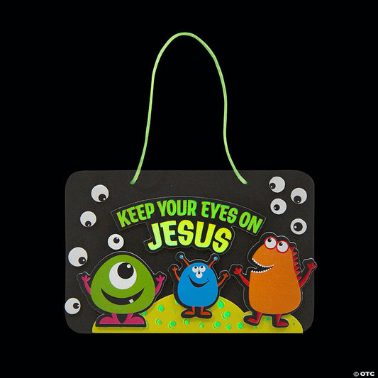 Makes 12: Religious Glow-in-the-Dark Keep Your Eyes on Jesus Monster Sign Foam Craft Kit - Makes 12 | USA Decoration®
