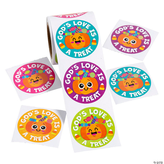 1 1/2" Religious Halloween God’s Love is a Treat Pumpkin Sticker Roll - 100 Pc. | USA Decoration®