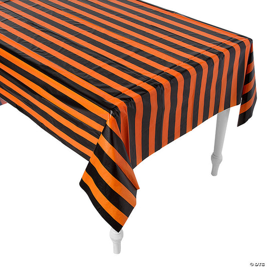 54" x 108" Halloween Orange & Black Striped Disposable Plastic Tablecloth | USA Decoration®