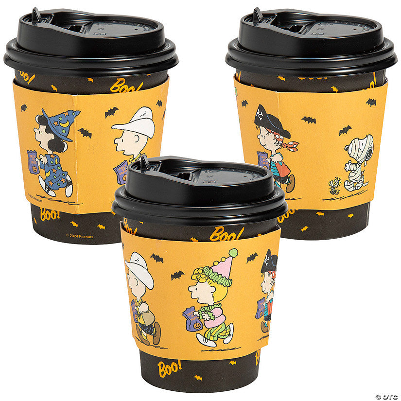 8 oz. Small Peanuts Halloween Disposable Paper Coffee Cups with Lids Sleeves - 12 Pc. | USA Decoration®