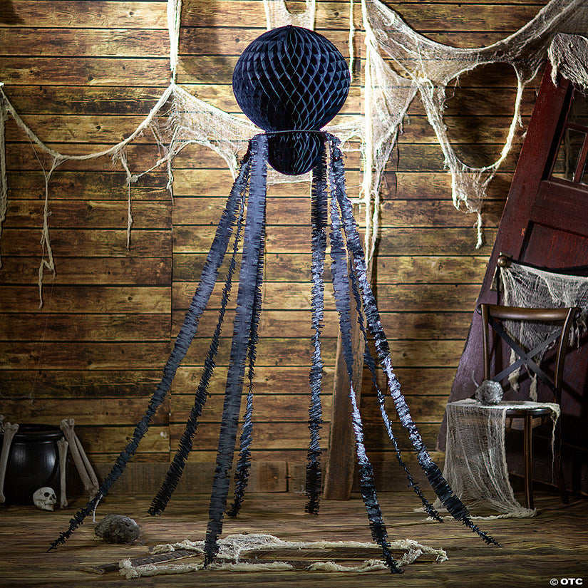 1 Piece(s): 7 Ft. Large Black Hanging Honeycomb Tissue Paper Spider Halloween Decoration | USA Decoration®