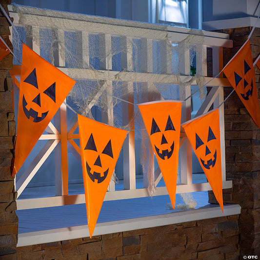 1 Piece(s): 100 Ft. Halloween Black & Orange Jack-O’-Lantern Plastic Pennant Banner | USA Decoration®