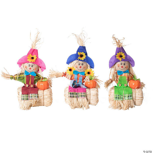 Gardenised Outdoor Fall Decor Halloween Scarecrow for Garden Ornament Sitting on Hay Bale, Straw Multicolor, Set of 3, 12 in. | USA Decoration®